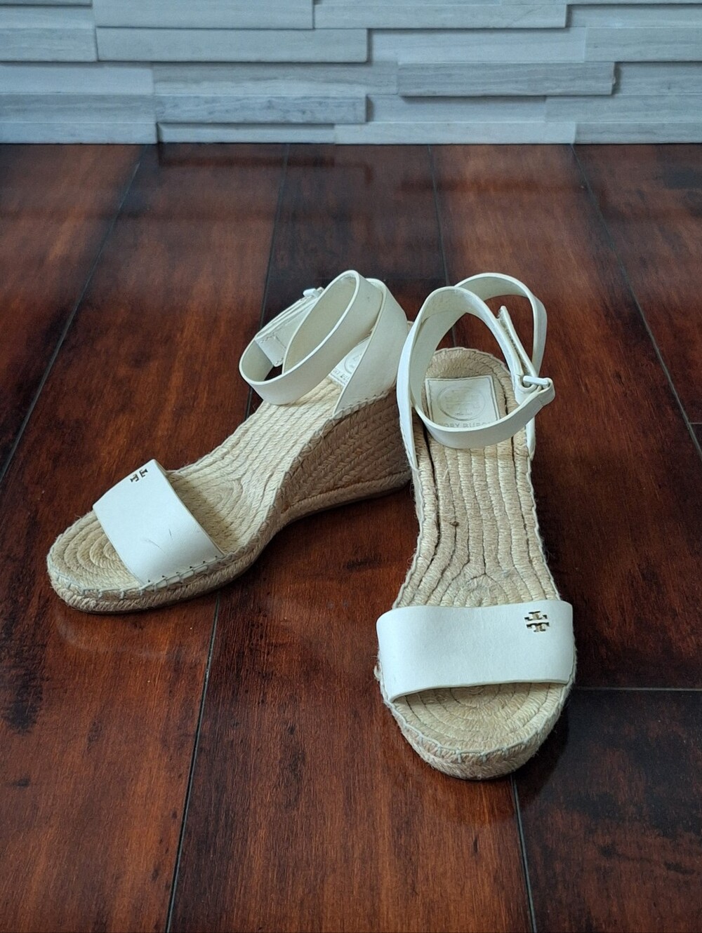 Tory Burch White Leather Espadrille Wedge Sandals Size 7